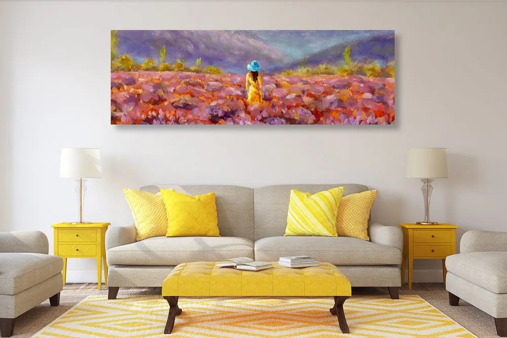 Quadro su tela – Ragazza in abito giallo in un campo di lavanda