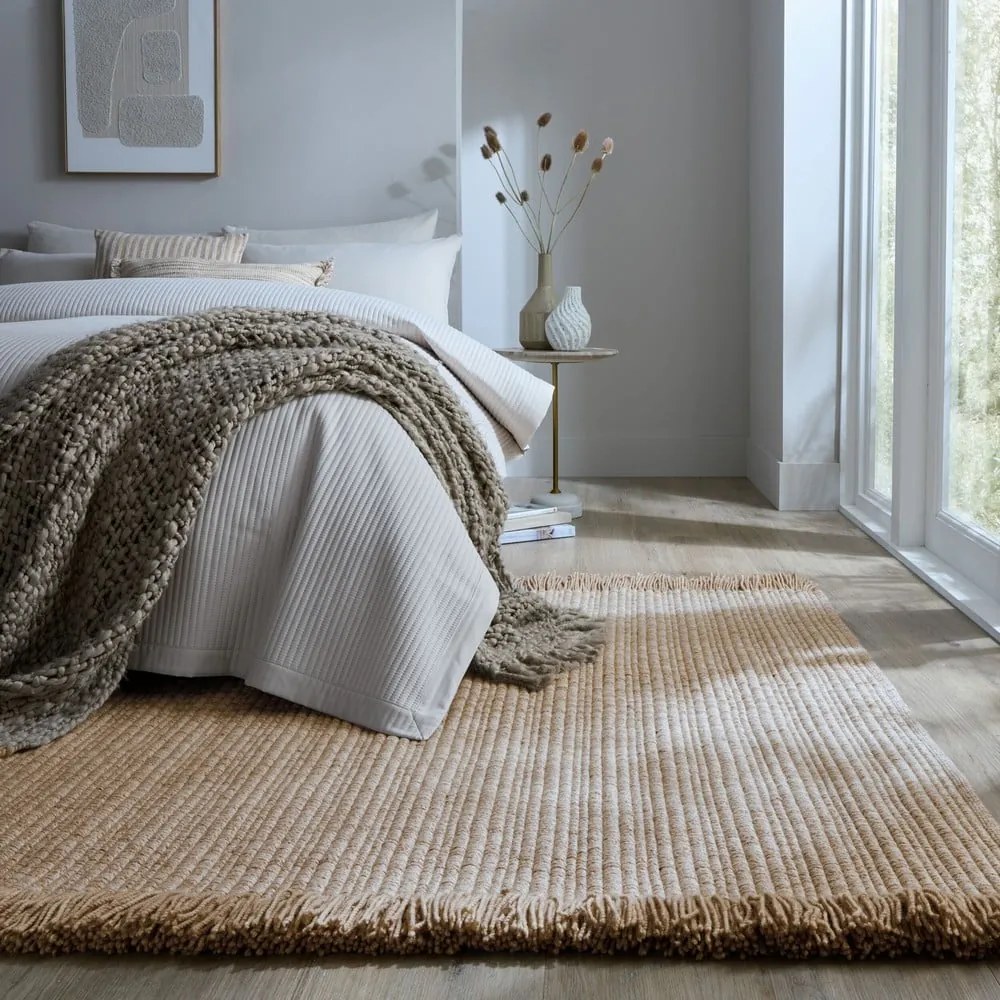 Tappeto beige in misto lana tessuto a mano 160x230 cm Rene Fringed Ribbed – Flair Rugs