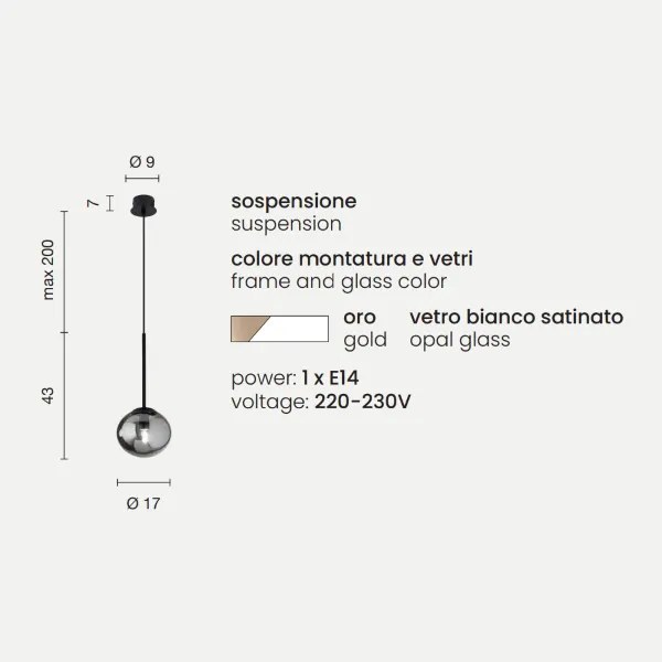 Lampada a sospensione JEWEL in metallo e vetro soffiato D17 cm 1 Luce Oro
