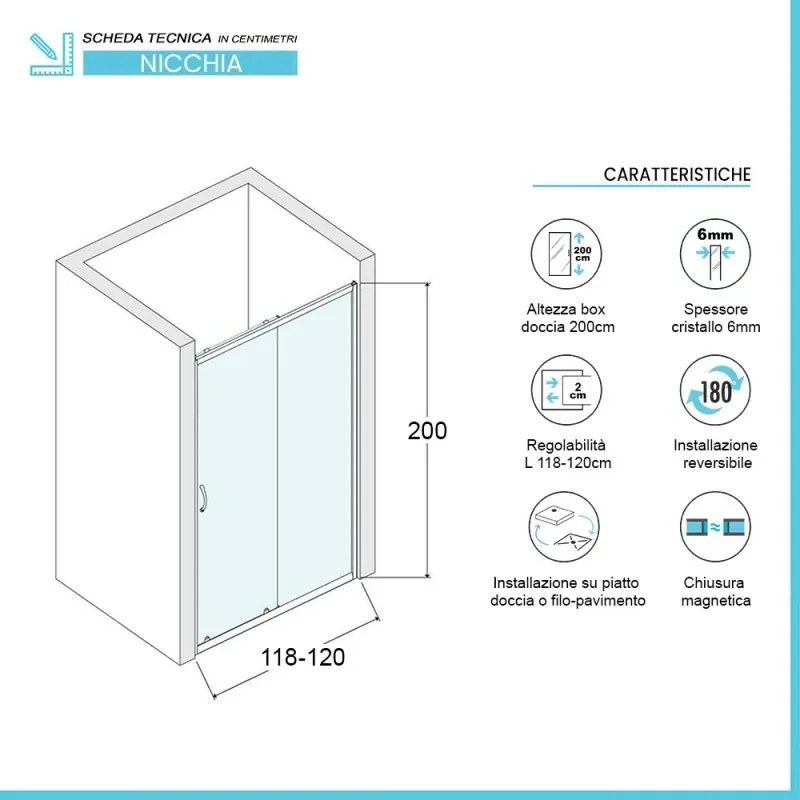 Porta doccia nicchia 120 cm scorrevole con vetro in cristallo trasparente Ted