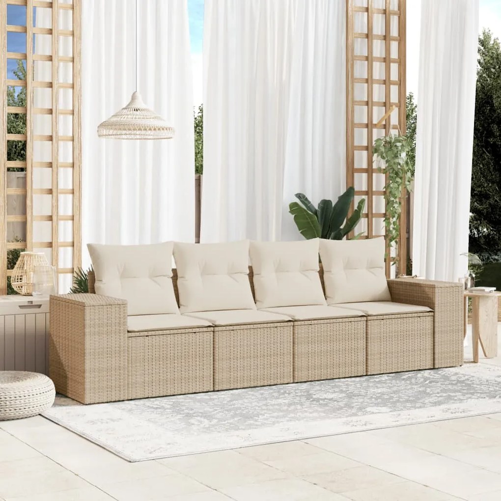 Set Divano da Giardino 4 pz con Cuscini Beige in Polyrattan