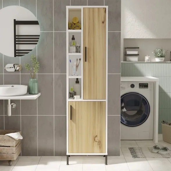 Colonna Bagno Multiuso Armadietto 45x36x174H Rovere E Bianco Flora