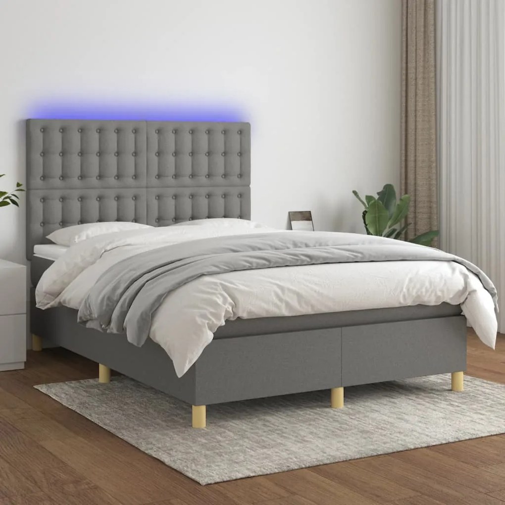 Letto a molle materasso e led grigio scuro 140x190cm in tessuto