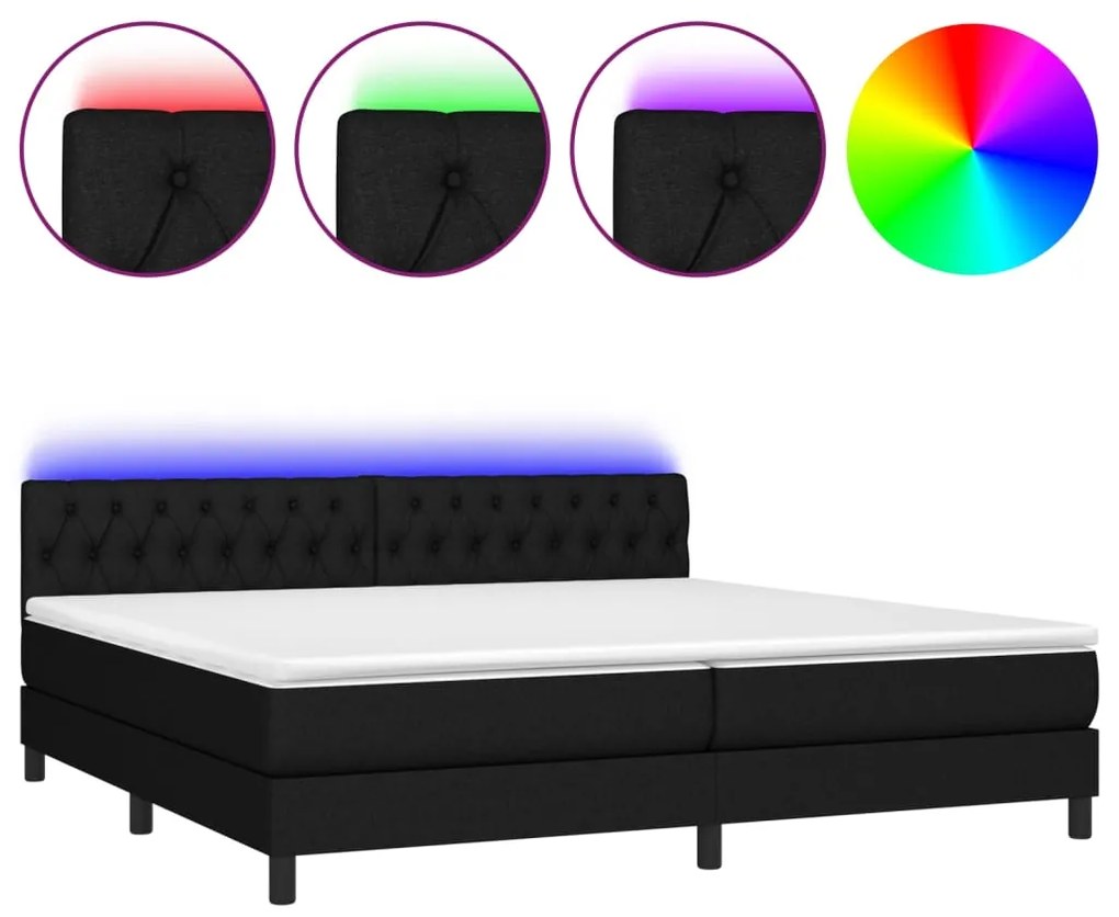 Letto a Molle Materasso e LED Nero 200x200cm in Tessuto