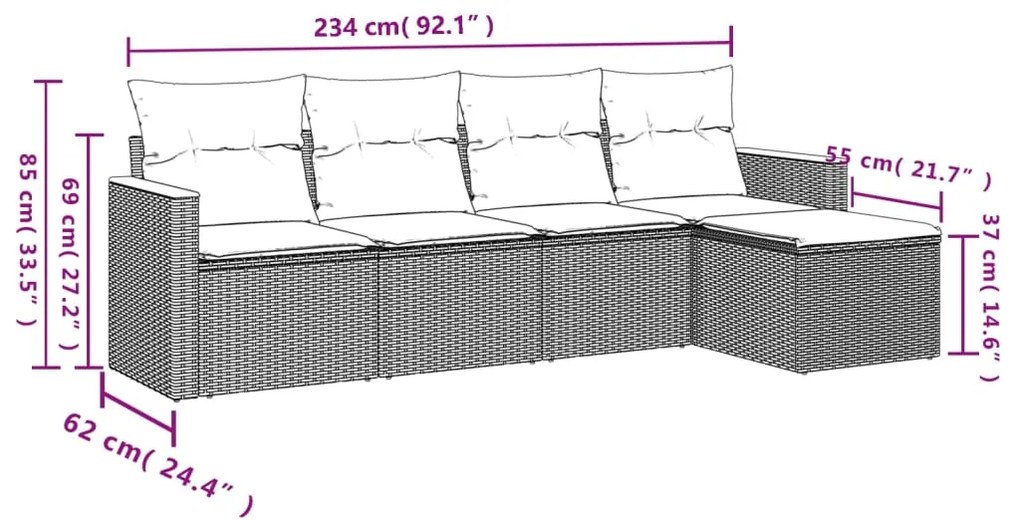 Set divano da giardino 5 pz con cuscini grigio in polyrattan