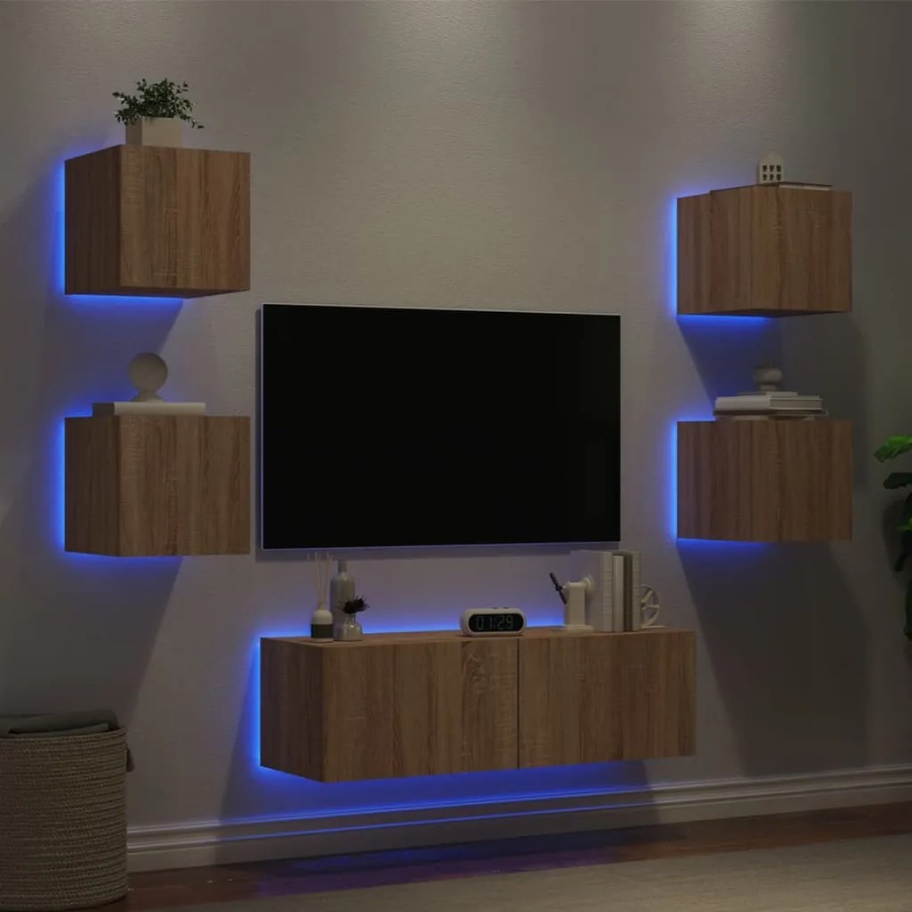 Mobili Tv A Muro 5pz Con Luci Led Rovere Sonoma /