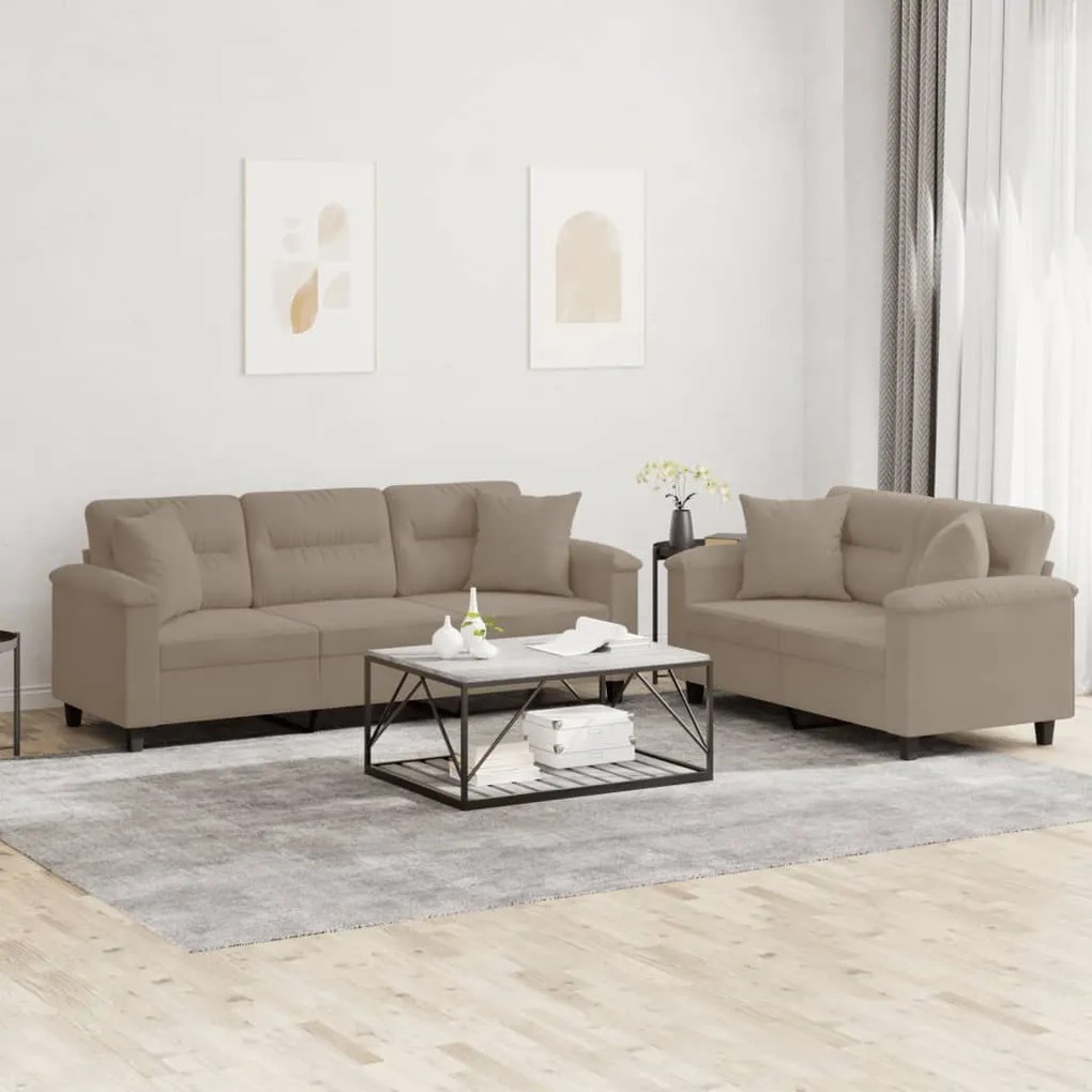 Set divani 2 pz con cuscini tortora in tessuto microfibra