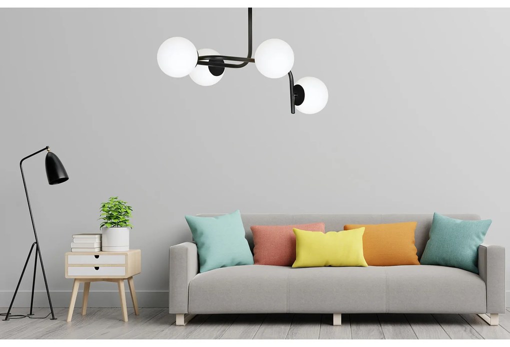 Lampadario 4 Luci Rama In Acciaio Nero A Bracci Curvi E Sfere In Vetro Opalino