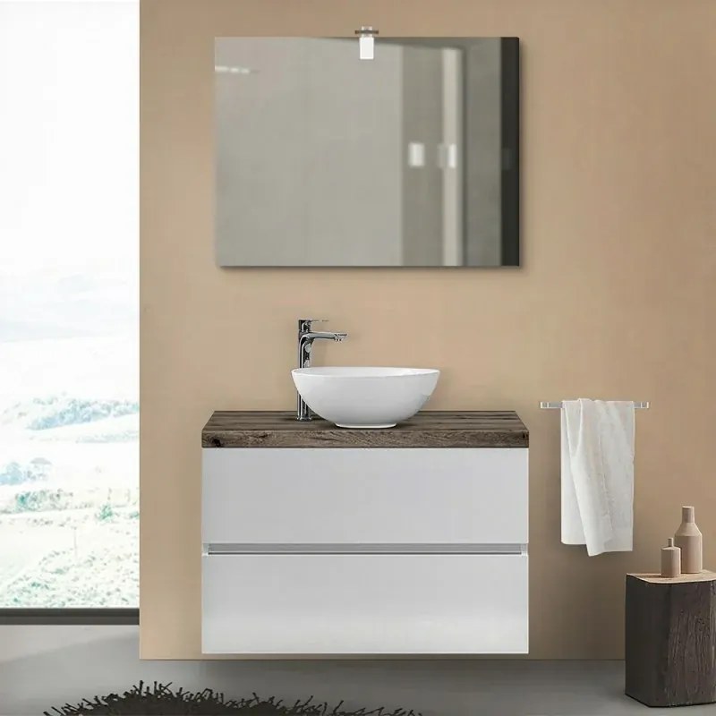 Mobile bagno sospeso 80 Town bianco top rovere fossile per lavabo dappoggio