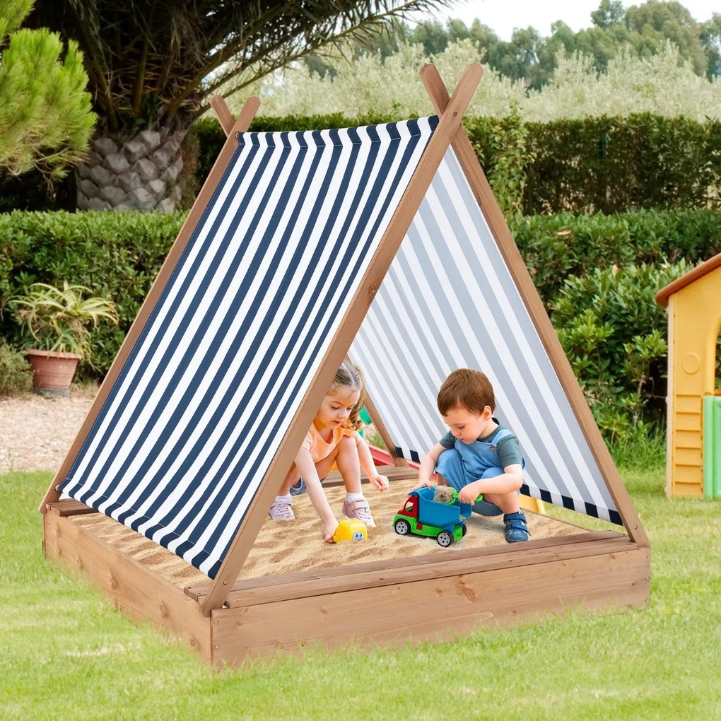 Costway Sabbiera per bambini con copertura, Sabbiera in legno grande con 2 panche per esterni per cortile 124x123cm