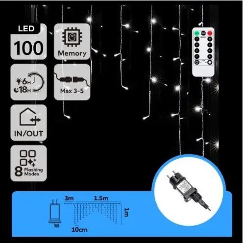 Aigostar - Catena luminosa natalizia LED da esterno 100xLED/6W/230V/8funzioni 1,5x1m IP44 bianco freddo+telecomando