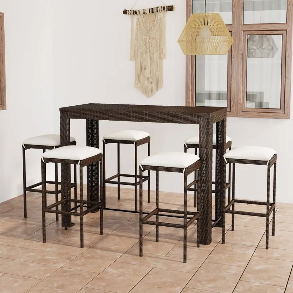 Set da Bar da Giardino 7 pz con Cuscini in Polyrattan Marrone