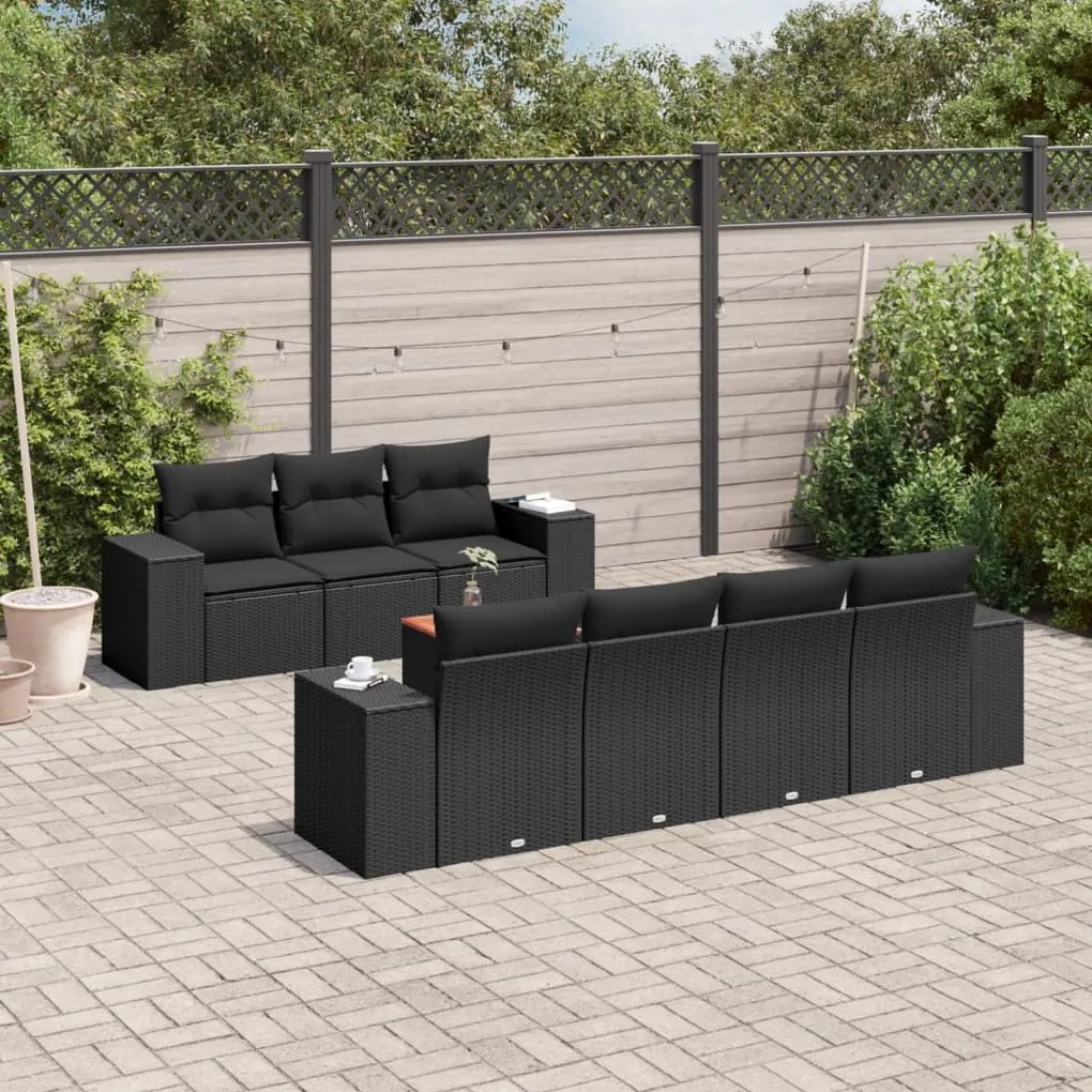 Set divani da giardino con cuscini 8 pz nero in polyrattan