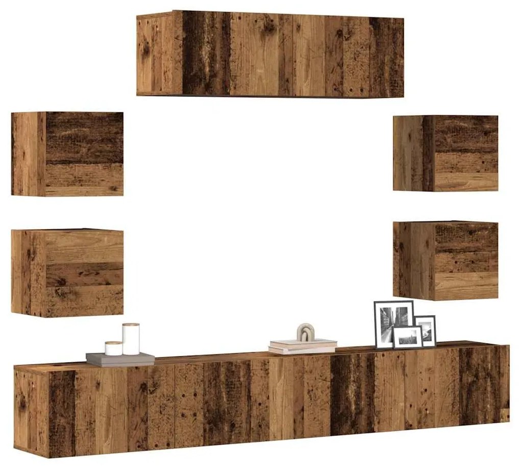 Set Mobile Tv 7 Pz Montato A Parete Legno Antico İn Truciolato /