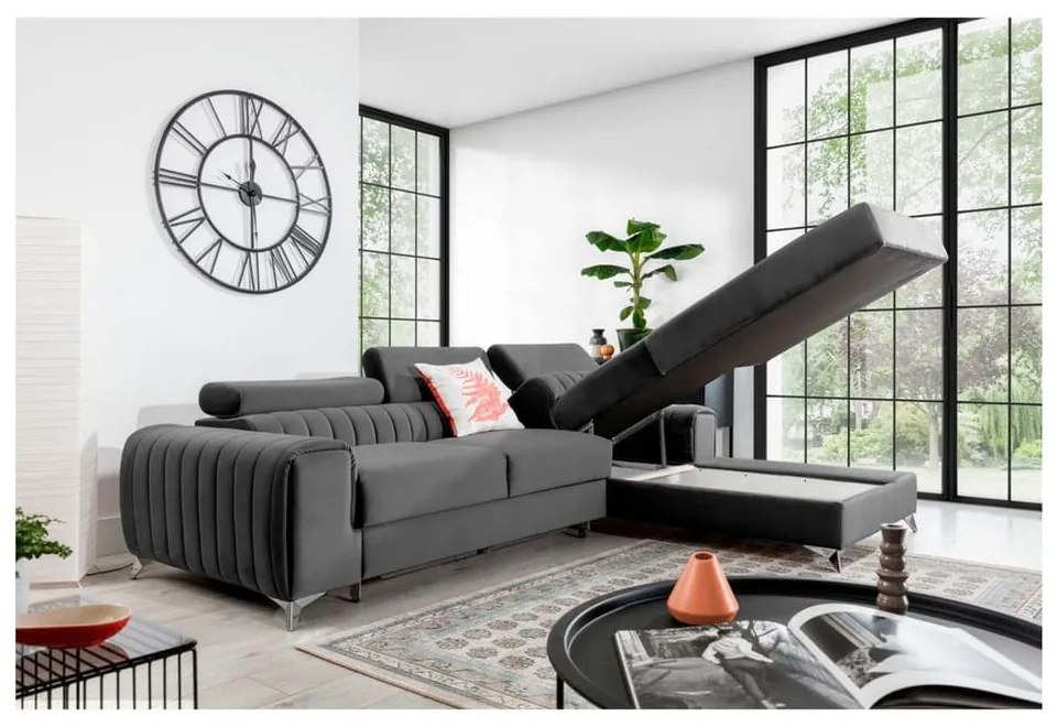 Divano angolare grigio scuro allungabile/con contenitore (con penisola a destra/con chaise lounge) e rivestimento in velluto Grayson – ELTAP