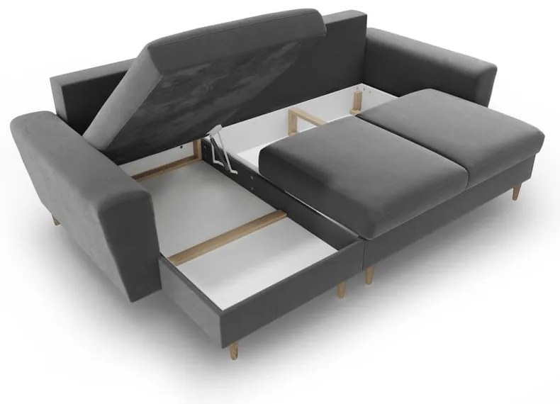 Divano angolare grigio chiaro allungabile e con contenitore con rivestimento in velluto Kyoto – Cosmopolitan Design