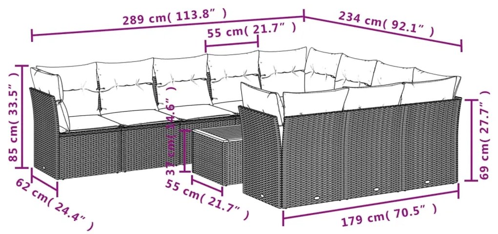 Set Divani da Giardino 11 pz con Cuscini in Polyrattan Nero