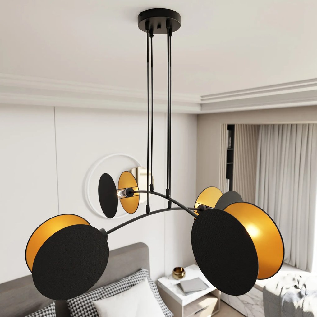 Lampada A Sospensione 4 Luci Moderna Nut In Acciaio Nero E Oro