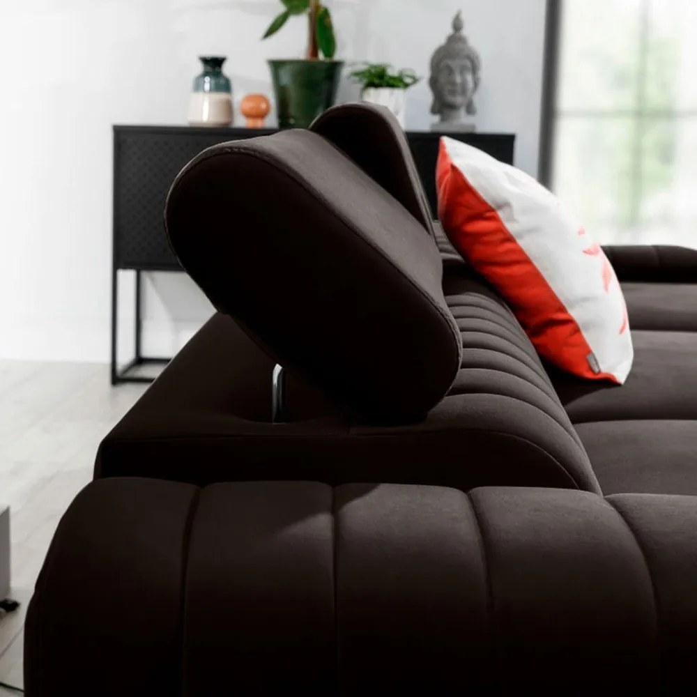 Divano angolare marrone scuro allungabile/con contenitore (con penisola a destra/con chaise lounge) e rivestimento in velluto Grayson – ELTAP