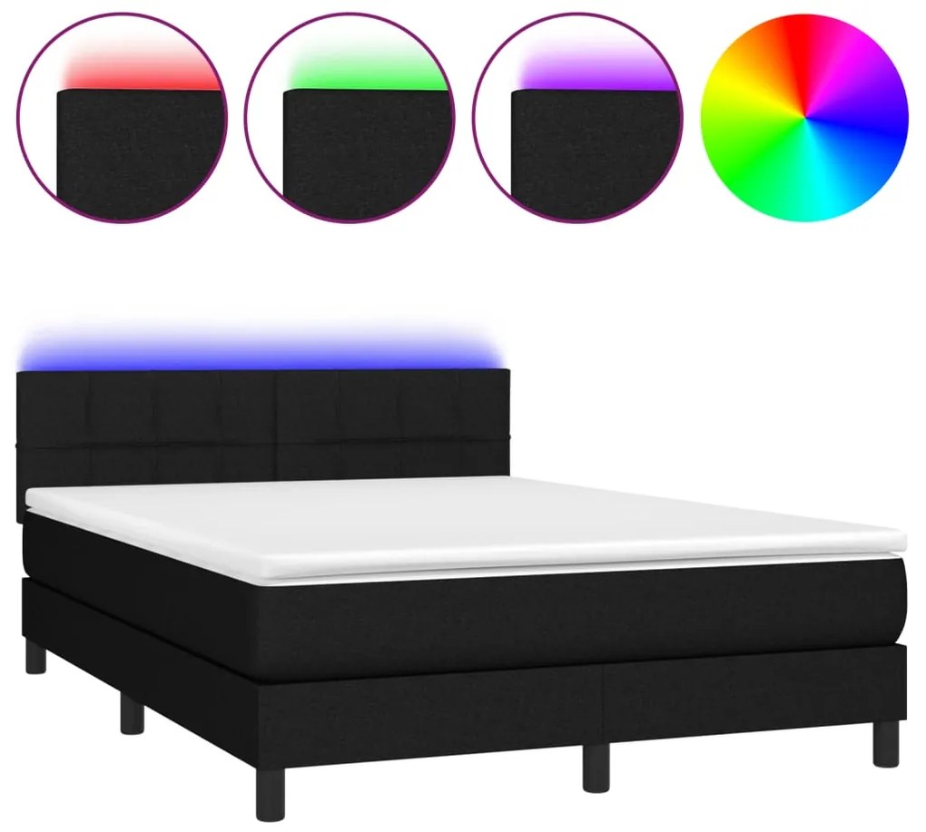 Letto a Molle con Materasso e LED Nero 140x190 cm in Tessuto