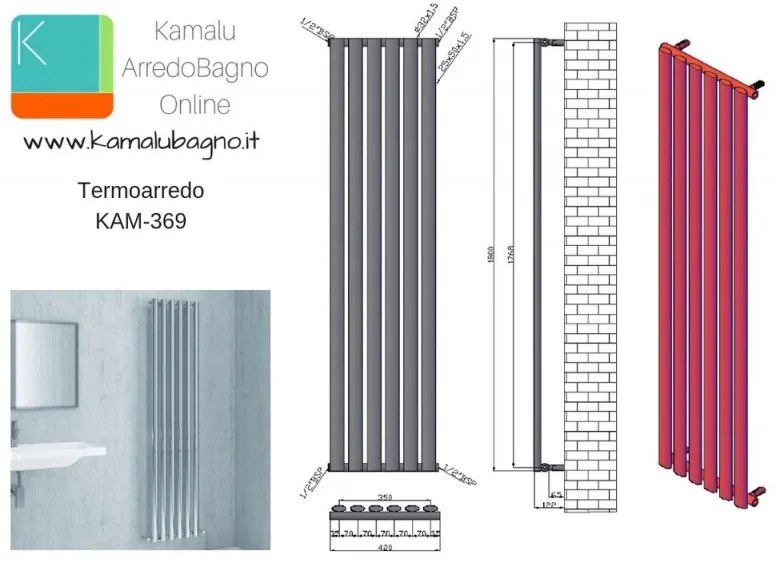 Kamalu - radiatore termoarredo 420x1800mm con 6 tubi verticali modello kam-369
