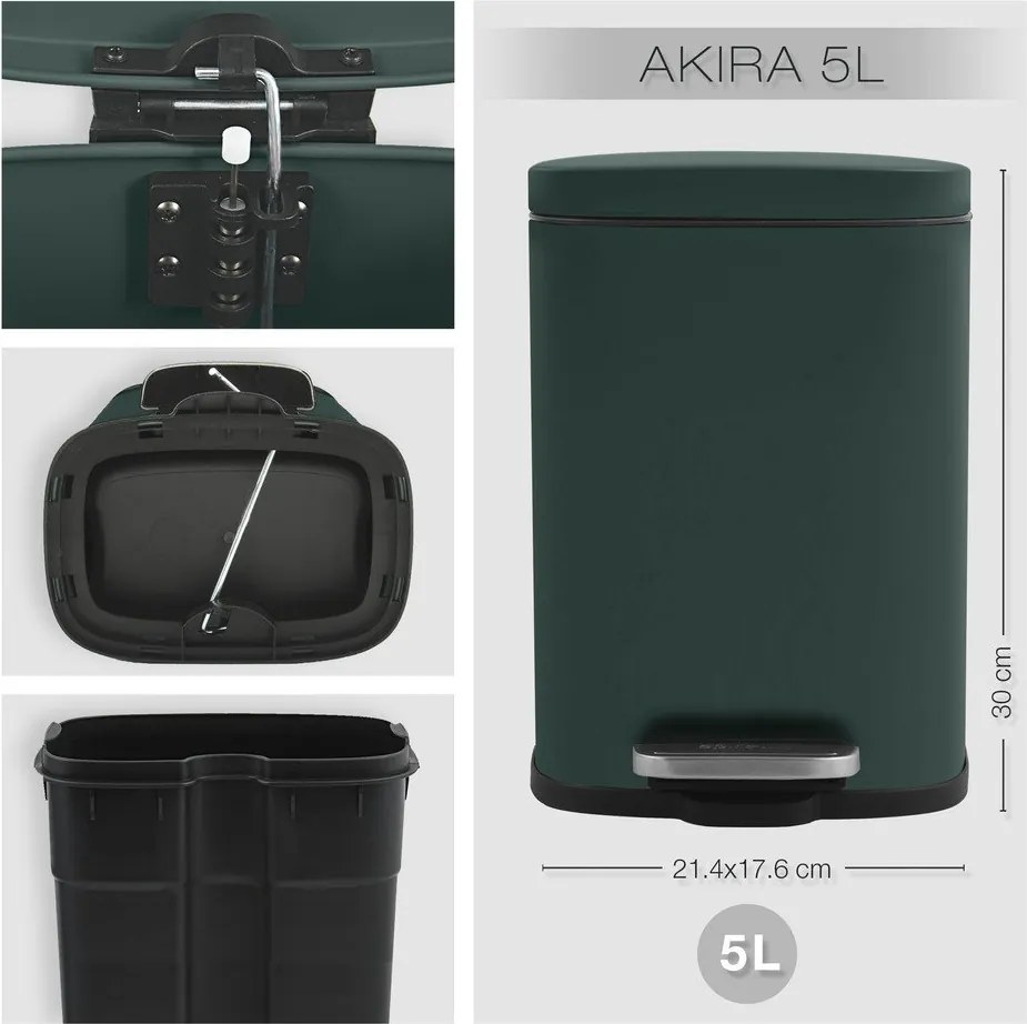 Cestino per la spazzatura verde scuro in acciaio con pedale 5 l Akira – Spirella