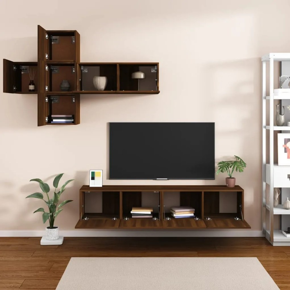 Set mobili porta tv 7 pz rovere marrone in legno multistrato