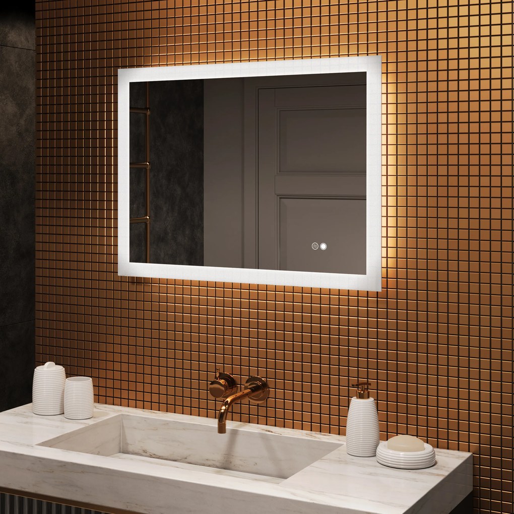 Specchiera rettangolare da bagno con luce LED 80x60\100x70\120x70\60x80\70x100\70x120 cm con Dual color, Interruttore tattile, Tappetino riscaldante