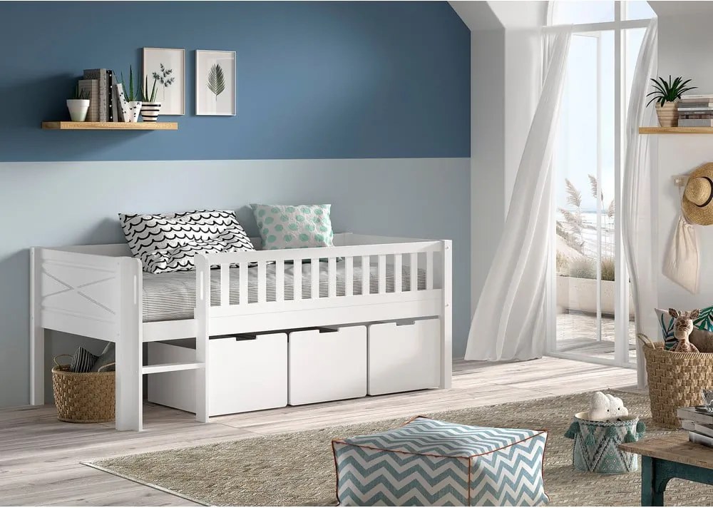 Letto da bambini rialzato bianco in pino massiccio con contenitore con rete inclusa 90x200 cm Scott – Vipack