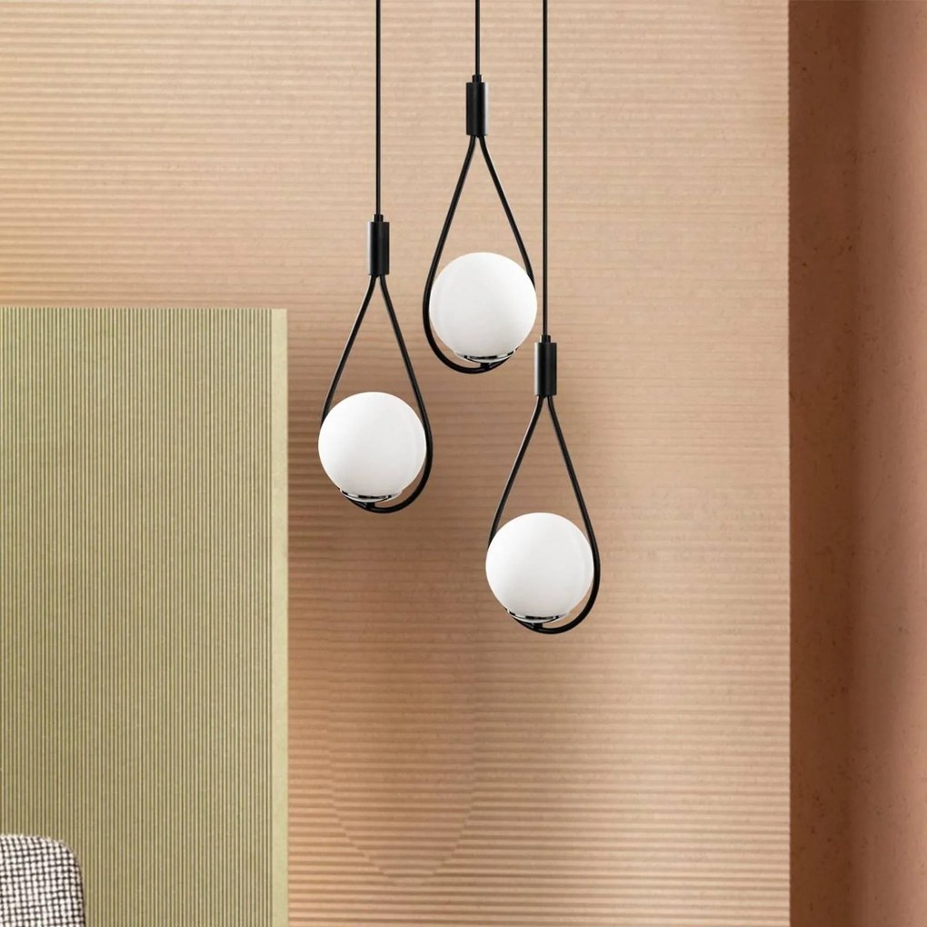 Opviq Lampada a sospensione Mudoni MR-938 a 3 luci rotonda nera/vetro opalino