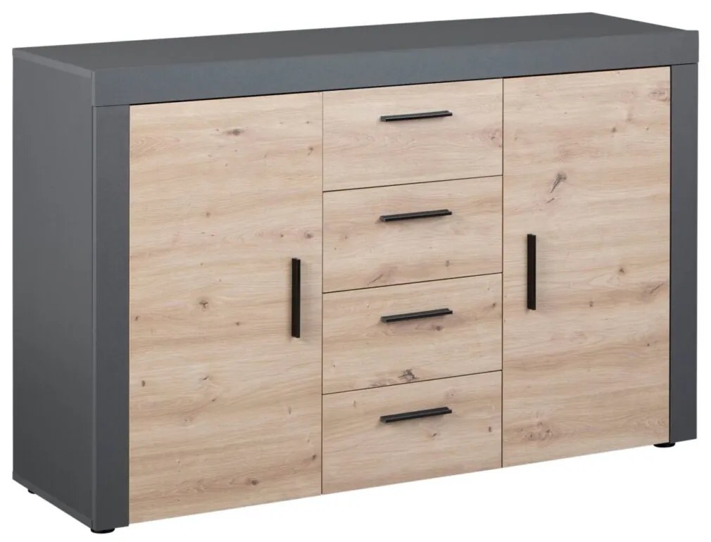 Credenza 2 ante 4 cassetti in laminato antracite e quercia