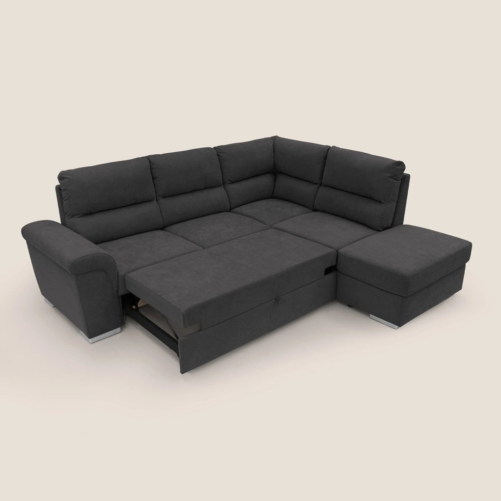 Minerva divano angolare con estraibile a cassettone e pouf contenitore in tessuto morbido impermeabile T02 nero