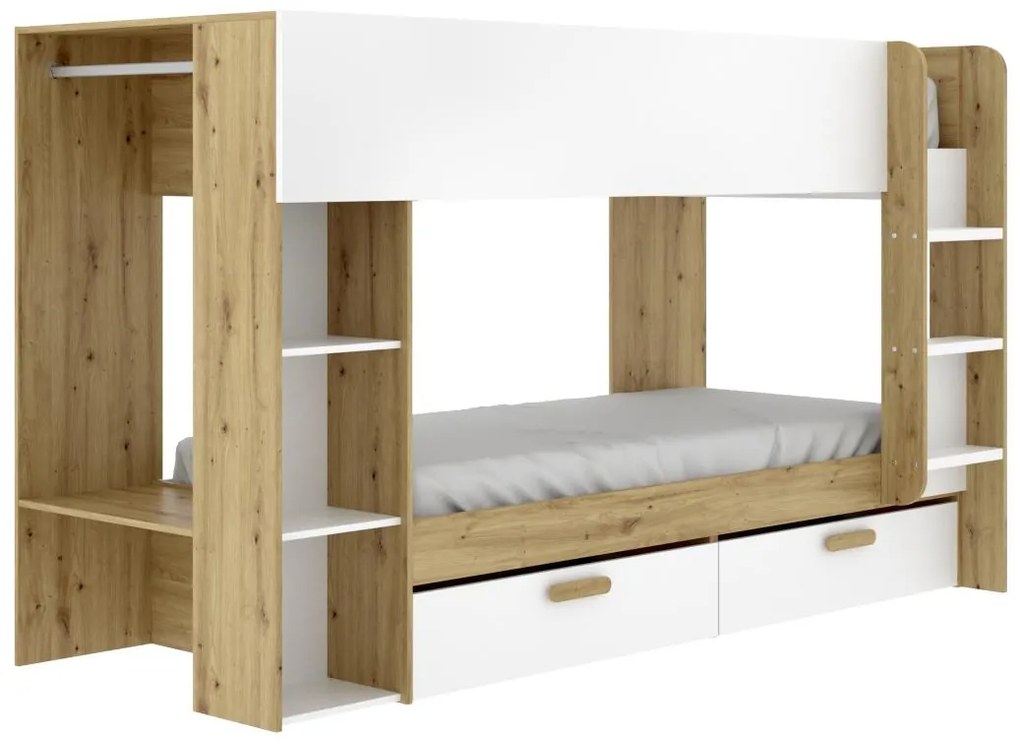 Letto a castello 2 x 90 x 200 cm con vani portaoggetti e bastone appendiabiti Bianco e Naturale  - OZANA