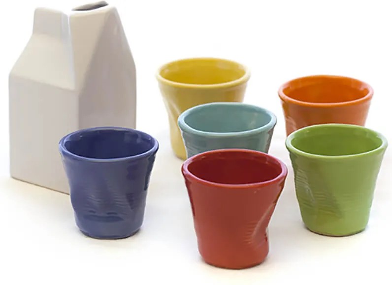 Set 6 Tazzine da caffè Accartocciati Multicolor con Lattiera Bianca in Gres Kaleidos...