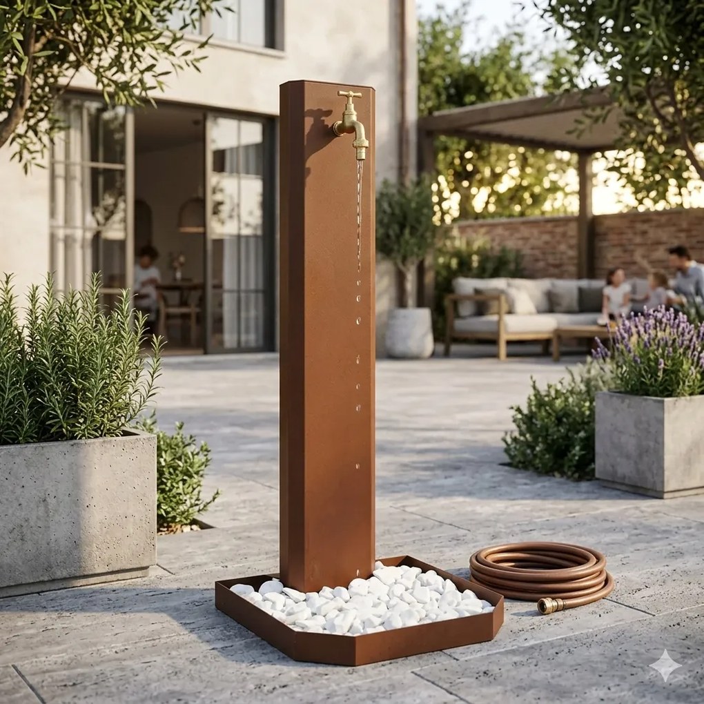 Fontana da Giardino Design a Colonna Ovale Rubinetto in Ottone e Base con Ciottoli Corten...