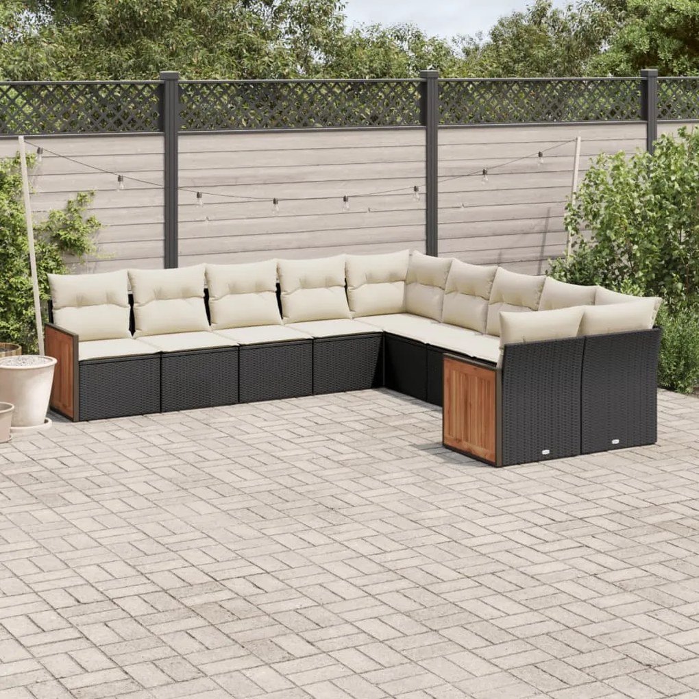 Set divani da giardino 10pz con cuscini in polyrattan nero