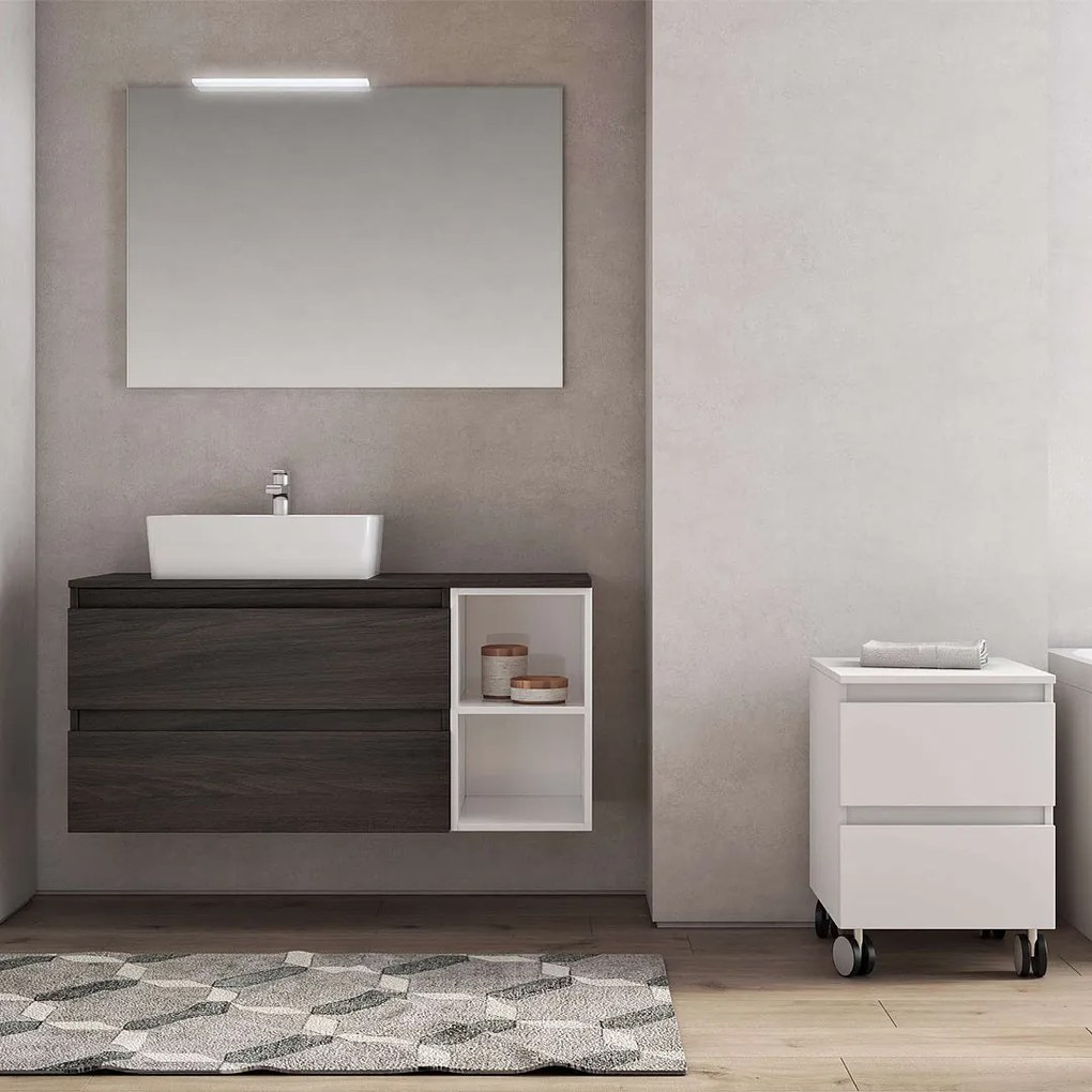 Mobile Bagno Sospeso 91 Cm Due Cassetti Con Vano a Giorno Specchio Con Lampada Led 81x70 Cm Savini "Cube 3"