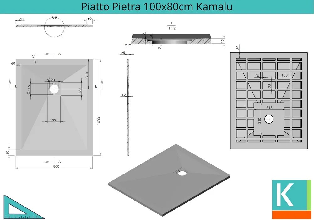 Piatto doccia 100x80 effetto pietra grigio cemento - KAMALU