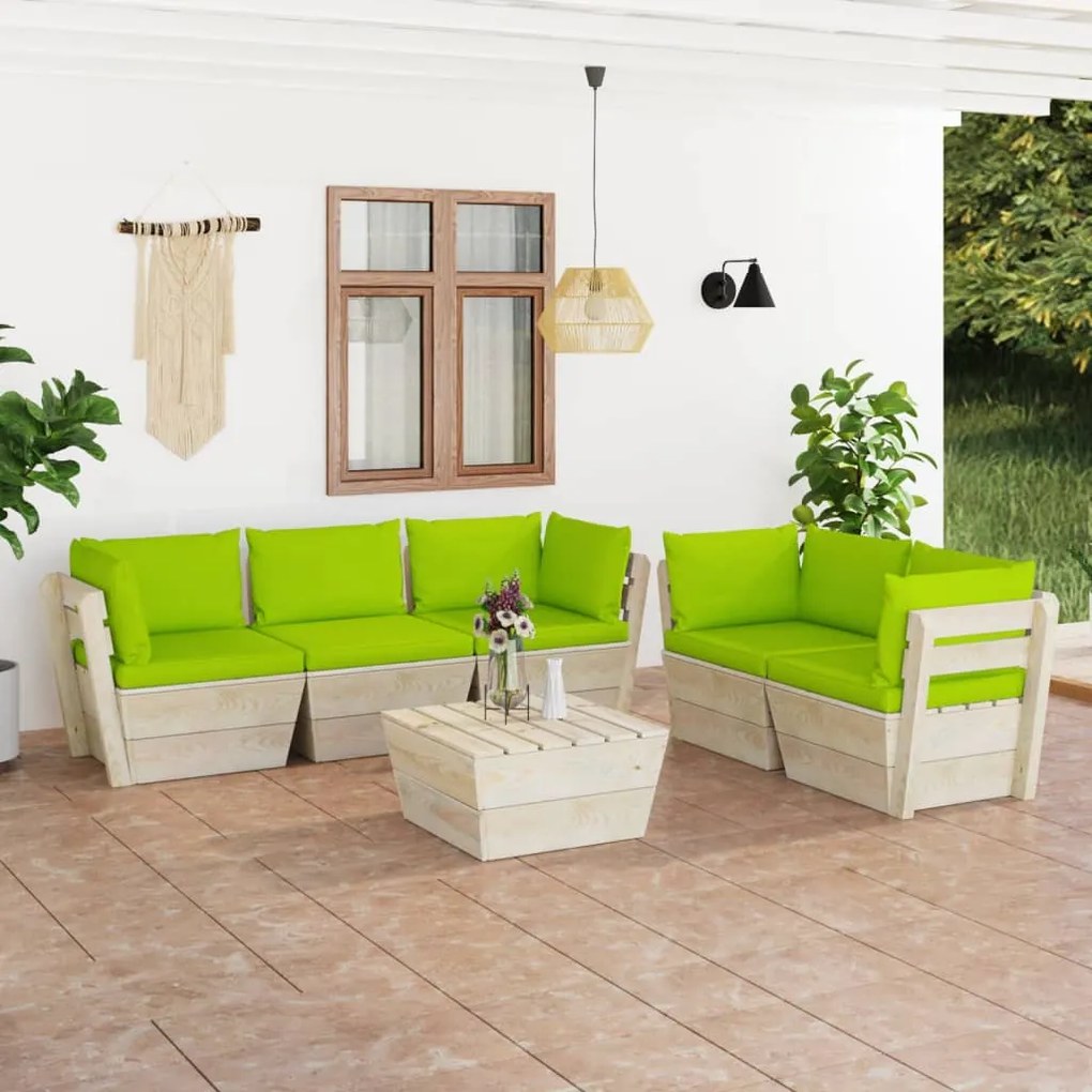 Set Divani da Giardino su Pallet 6 pz con Cuscini Legno Abete