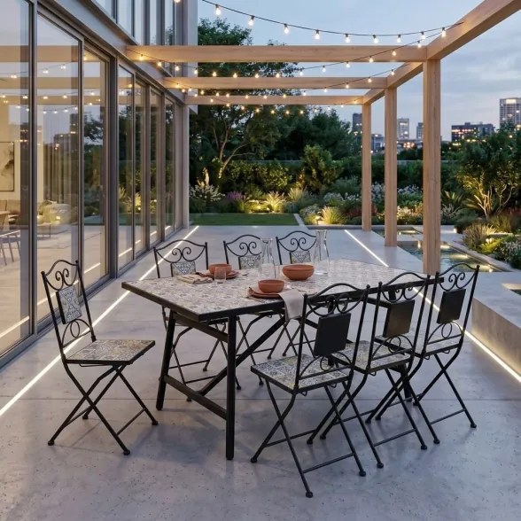 Set Tavolo E Sedie Da Esterno 90x160 Cm In Ferro E Maioliche Amalfi