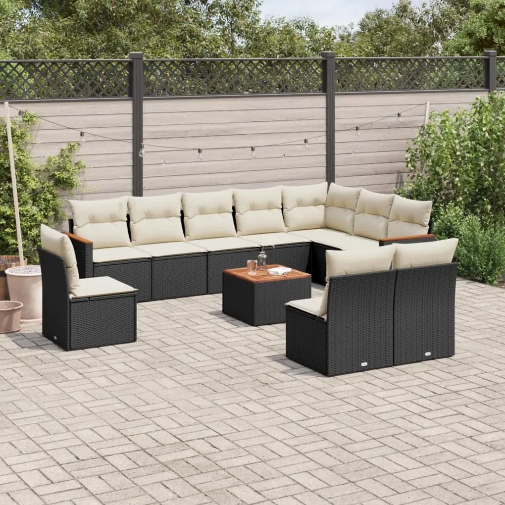 Set divani da giardino 11 pz con cuscini in polyrattan nero