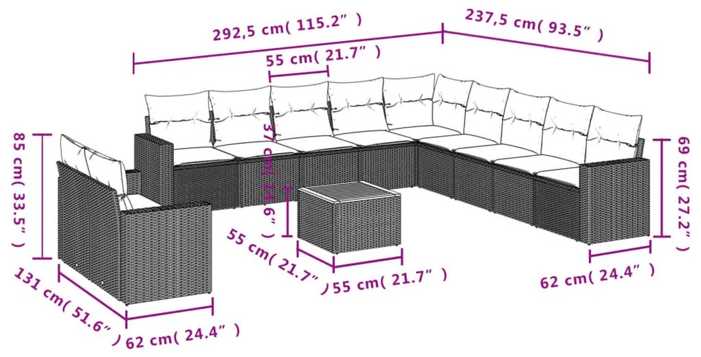 Set divani da giardino 12 pz con cuscini beige in polyrattan