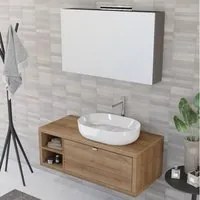 Composizione bagno sospesa Nyumba a 1 cassetto e vano a giorno con lavabo, specchio e lampada LED 110x40 cm legno rovere