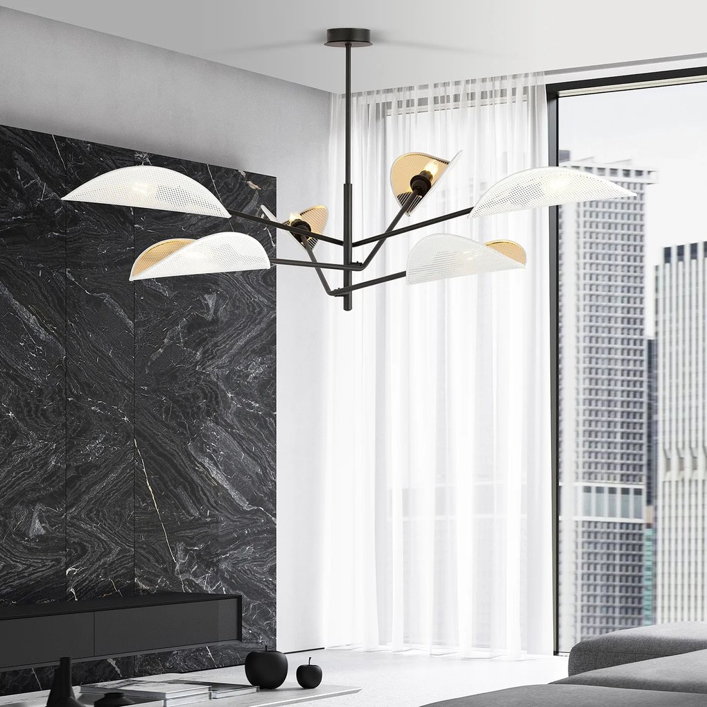 Lampadario 6 Luci Eridano In Acciao Nero E Bianco Oro Con Bracci Mobili