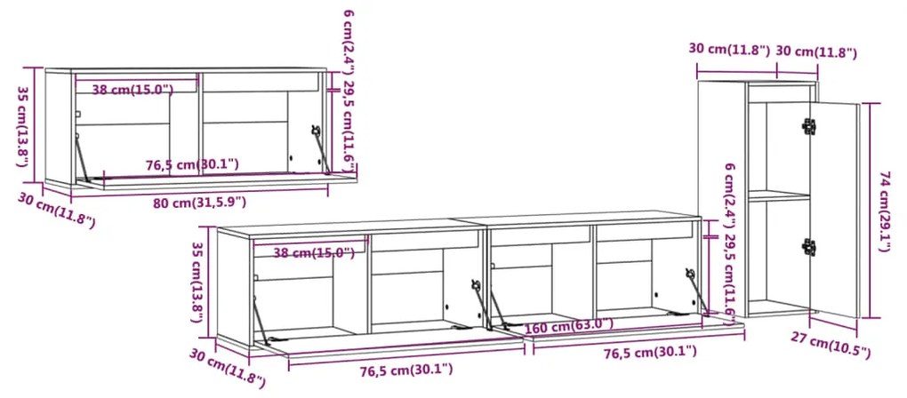 Mobili Porta TV 4 pz Neri in Legno Massello di Pino