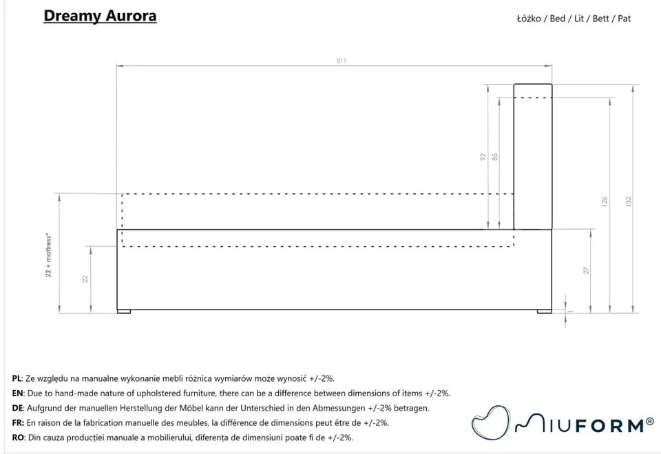 Letto matrimoniale imbottito grigio con contenitore con griglia 180x200 cm Dreamy Aurora - Miuform