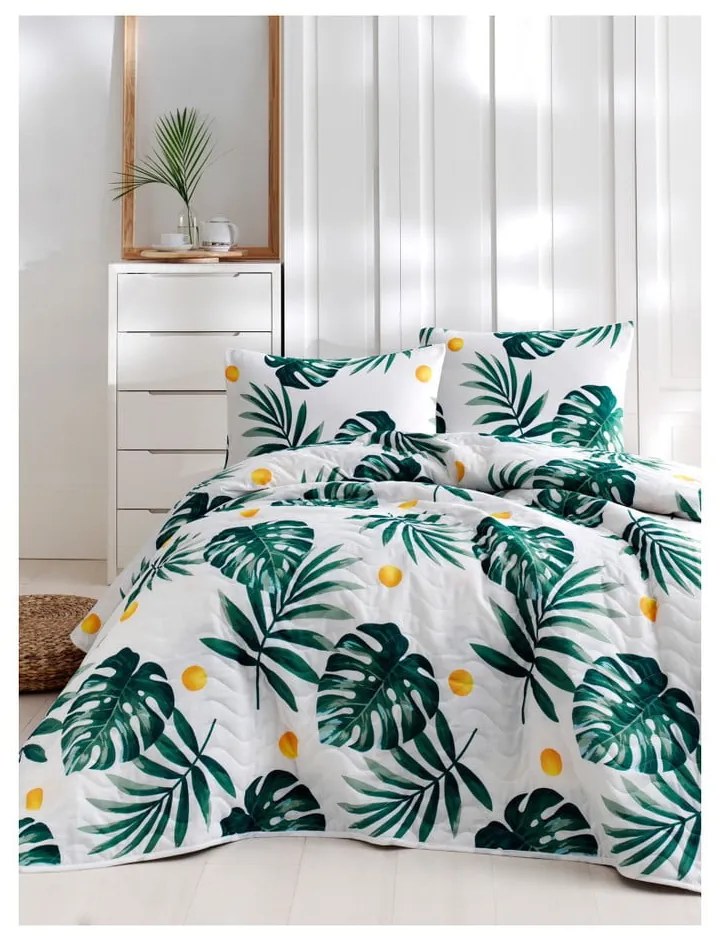 Set di copriletto e 2 federe in cotone Masso Jungle, 200 x 220 cm Kapitone Monstera - Mijolnir