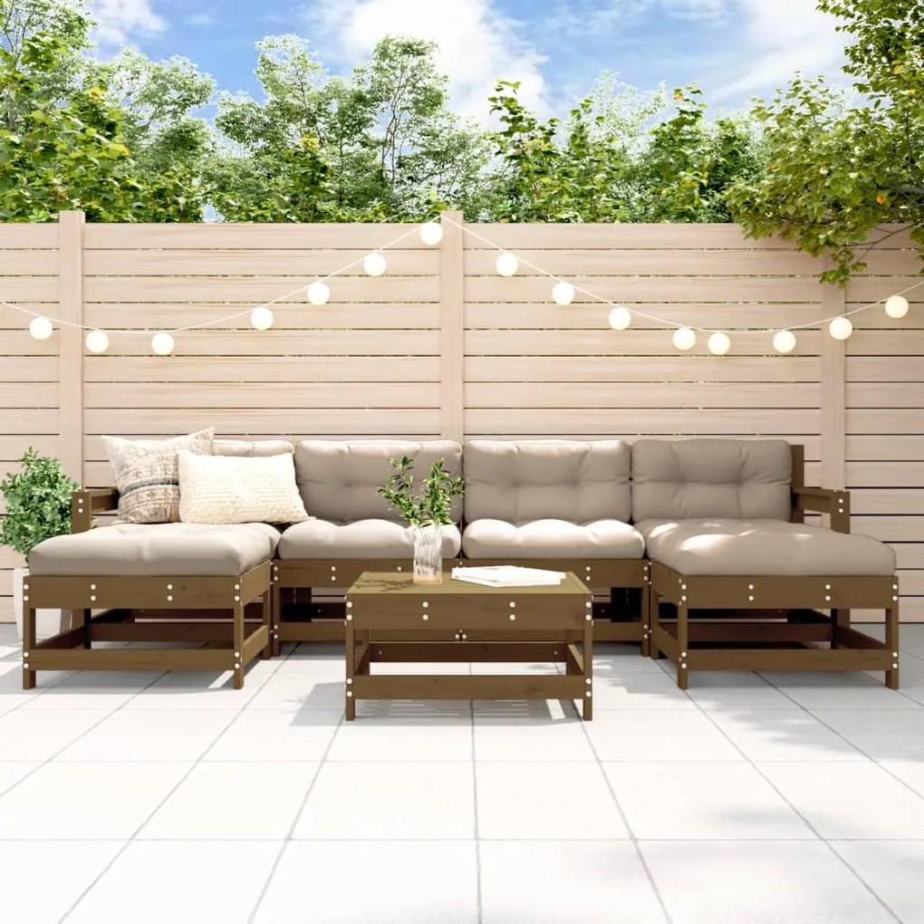 Set divani da giardino 7 pz con cuscini in legno massello miele