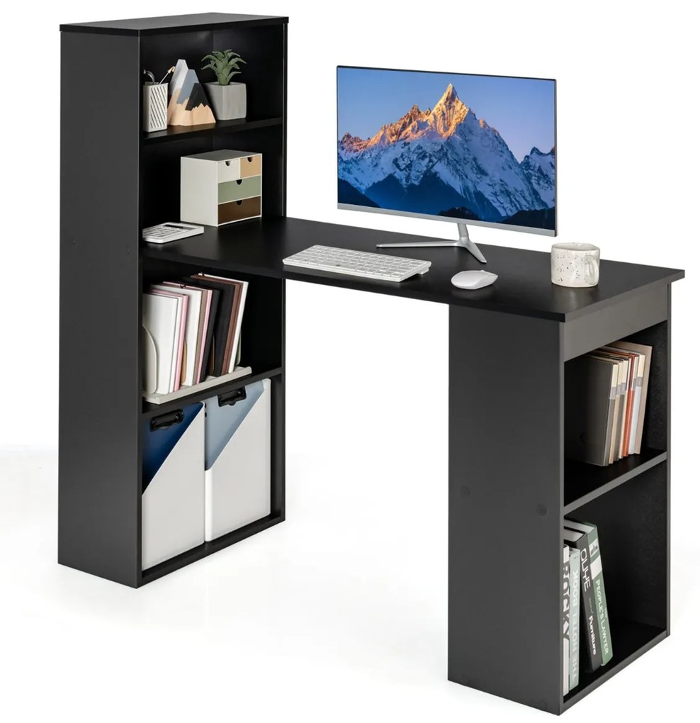 Costway Scrivania per computer da 122cm con libreria, Postazione di studio moderna compatta con 6 ripiani