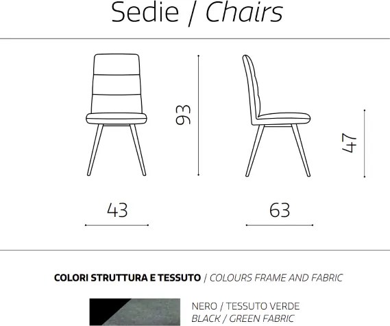 Sedia da cucina in tessuto Verde gambe metallo HILL set 2 pezzi